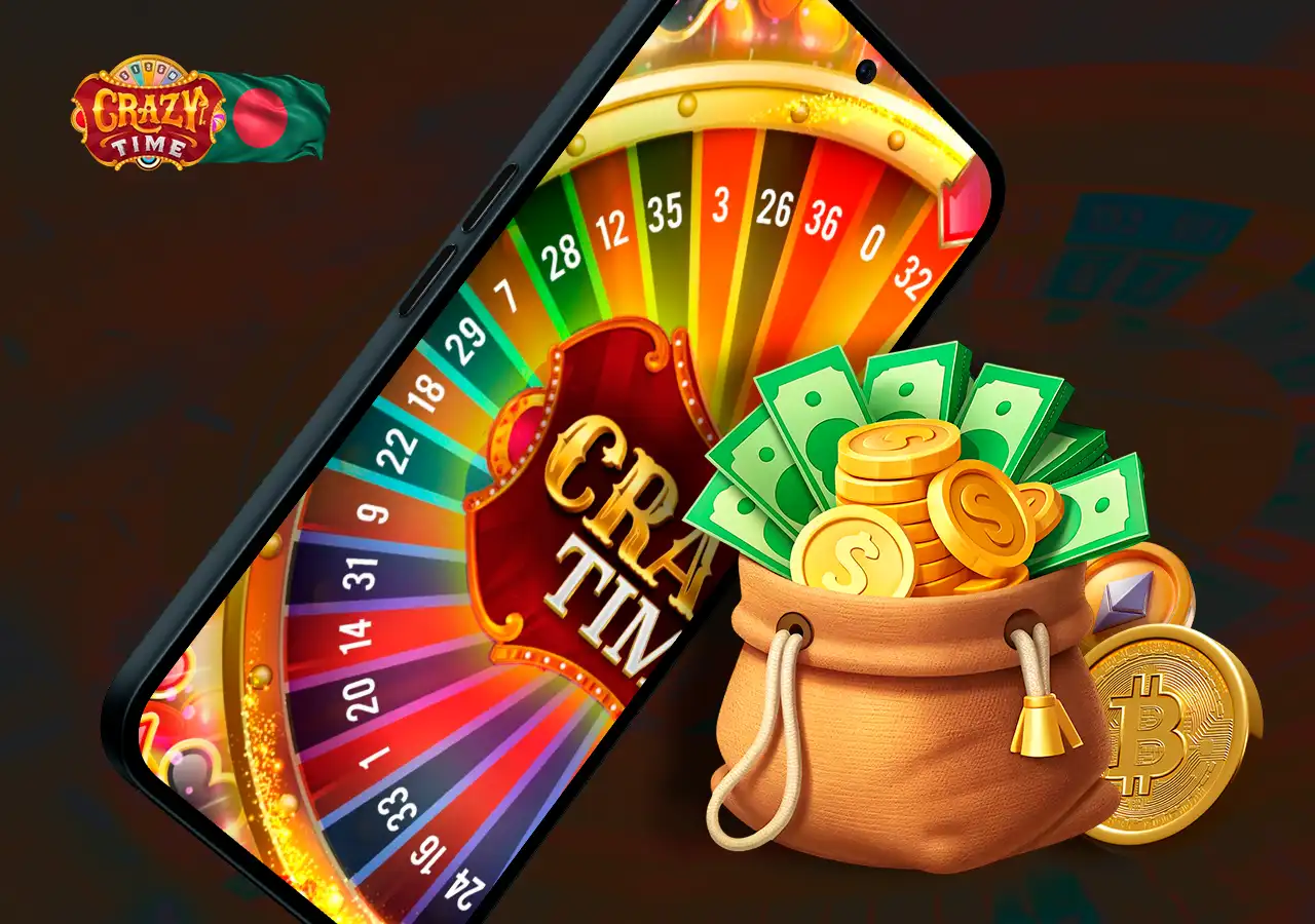 Crazy Time game logo on your cell phone screen and money bag icon